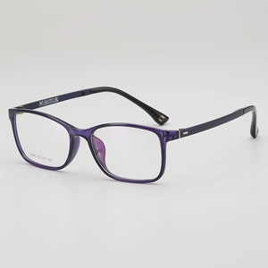Purple translucent square frame glasses with eco-friendly black arms for men and women