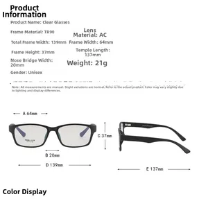 Guide des tailles détaillé pour lunettes TR90 montrant les dimensions et le poids de 21g