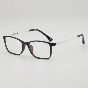 Square black and white eyeglass frame with gold metal hinge and matte finish