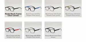 Vues multiples de montures de lunettes carrées en TR90 dans sept combinaisons de couleurs