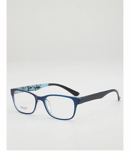 Détail de lunettes TR90 bleues montrant les branches graffiti et spécifications