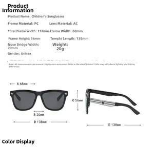 Detailed size chart for children's UV sunglasses with PC frame and AC lens dimensions