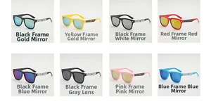 Multiple colorful square-frame kids sunglasses with star metal accents and striped temples