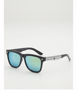 Detail of black frame kids sunglasses with colorful mirror lenses and star rivets