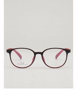 Detailed front view of TR90 dual-color glasses frame in matte black and vibrant red finish