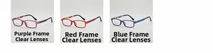 TR90 square eyeglasses in purple, red, and blue with floral patterned temples