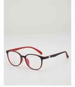 Detailed side view of TR90 glasses frame showing the red and black contrast hinge detail