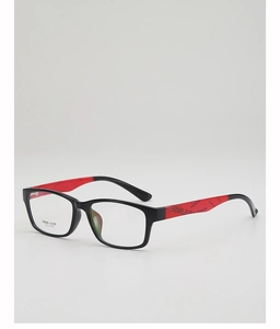 Detail view of TR90 square glasses frames with black and red temple and printed specs