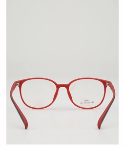 Macro detail of red TR90 round frame showing flexible material and dimensions