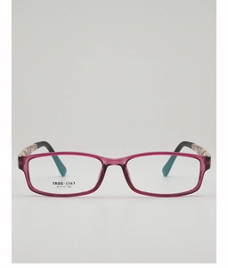 Macro detail of TR90 square glasses frames with blue earpieces and size markings