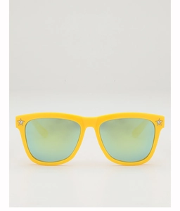 Detail of yellow matte sunglasses with gradient lenses and silver star accents