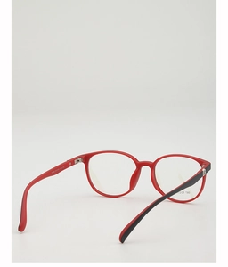 Detailed macro view of TR90 round frame glasses in red and black with size specs