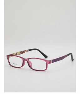 Detail of purple TR90 square glasses frame with star pattern print and anti-slip tips