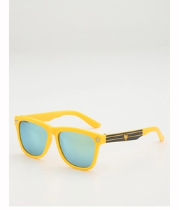 Detail of yellow kids sunglasses with blue mirrored lenses and star rivets on the frame