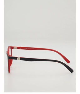 Close-up of TR90 round frames with red and black contrast design and silver logo detail