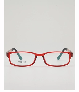Macro detail of translucent red TR90 glasses frame showing model number and lens dimensions