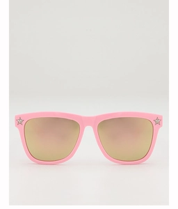 Close-up of pink frames with reflective gold-pink lenses and silver star accents