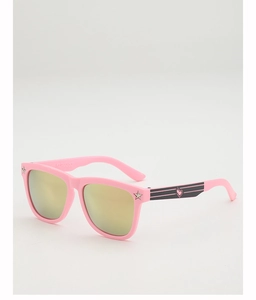 Detail of pink matte kids sunglasses with reflective lenses and silver star accents
