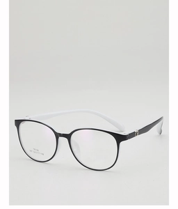 Detail view of TR90 round frame glasses with black front and white glossy temples