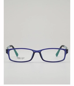Detailed front view of rectangular TR90 glasses frame in blue and green bicolor finish