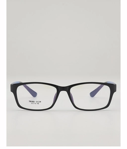 Detailed close-up of lightweight black TR90 square glasses frames with model text info