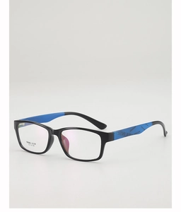 Detailed macro view of square TR90 frame with blue accents and size specifications