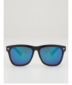 Close-up of black square sunglasses with blue-green mirror lenses and silver star accents