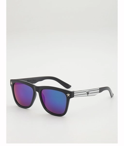 Macro detail of kids sunglasses featuring blue-purple mirrored lenses and star accents