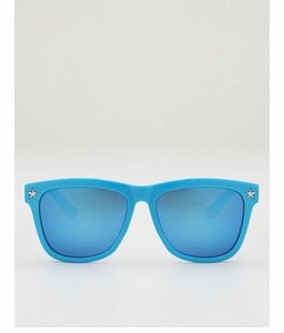 Detail of blue frames with mirrored lenses and silver star accents on kids sunglasses