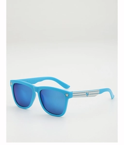 Detail of sky blue kids sunglasses featuring star accents and reflective blue lenses