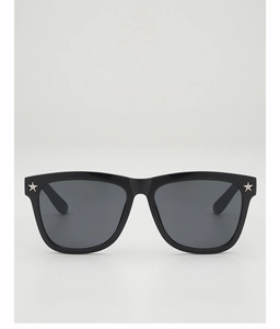 Detailed front view of black kid sunglasses featuring silver star rivets and dark grey lenses