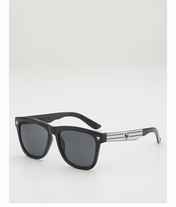 Close-up of black frames with silver star accents and heart flame logo on the temples