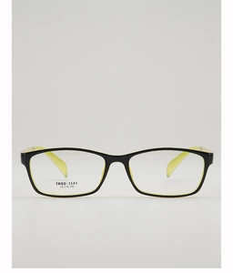 Front detail of TR90 square glasses frames in black and yellow with model info