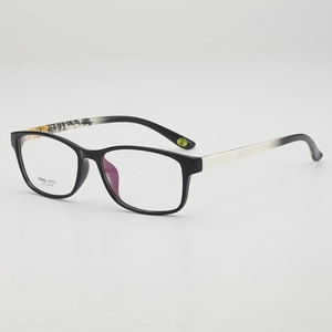 Classic black TR90 rectangular glasses frames with artistic patterned temples at 45 degree angle
