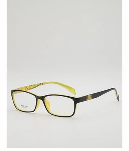 Detailed close-up of square TR90 eyeglass frame in black and yellow contrast design