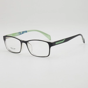 Classic black TR90 square glasses frames with green striped temples shown at a 45-degree angle