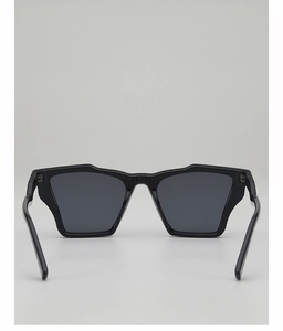 Detail of black geometric sunglasses frame with silver metal hinge and dark lenses