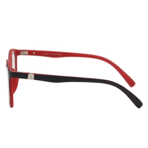 Retro TR90 round frame eyeglasses in black and red dual-tone with silver side logo detail