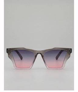 Macro detail of geometric translucent grey sunglasses with purple-pink gradient lenses
