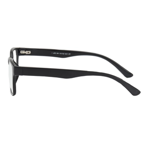 Monture de lunettes carrée noire en TR90 avec vue latérale des branches et des charnières