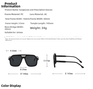 Size chart for aviator sunglasses detailing frame dimensions and PC AC material specifications