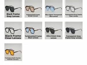 Grid display of square aviator sunglasses in black, tortoiseshell, and olive frames