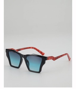 Detail of red marble wave-shaped temples on black geometric sunglasses with blue lenses