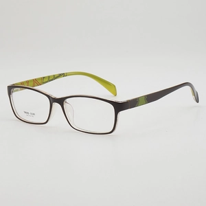 Square TR90 optical eyewear frame in dark coffee with green geometric patterned temples