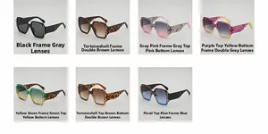 Detailed grid showing seven square frame sunglasses in various colors and gradient lenses