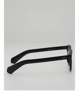 Detail view of black frame eyewear showing silver rivets and size specs on temple arm
