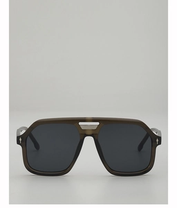 Detail of dark brown pilot sunglasses featuring metal bridge bar and arrow hinge detail