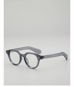 Detailed 45-degree angle of translucent grey retro round frames with minimalist design