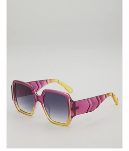 Detail of square oversized sunglasses with purple and yellow gradient transparent frame