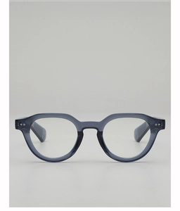 Close-up of translucent grey-blue retro round eyeglass frames with silver stud accents